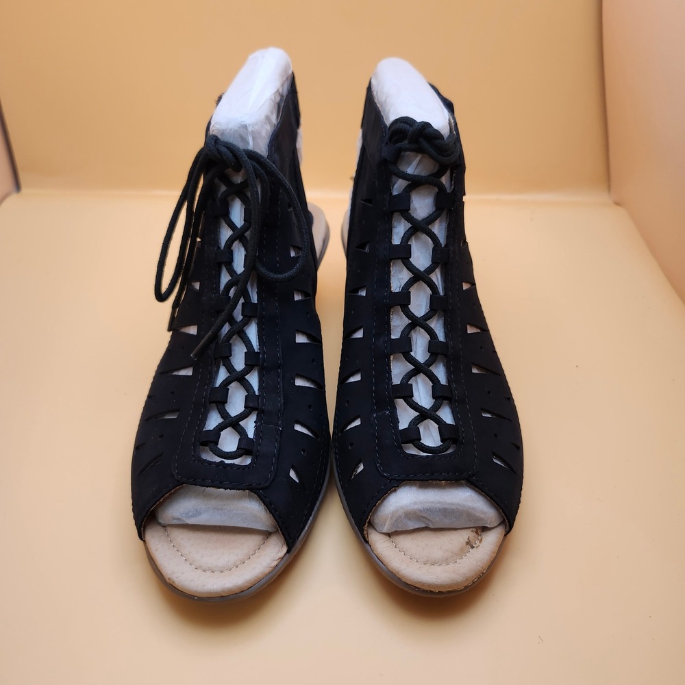 Earth Sandals Kristen Black Leather Laser Cut Lace Up Shooties 8.5M